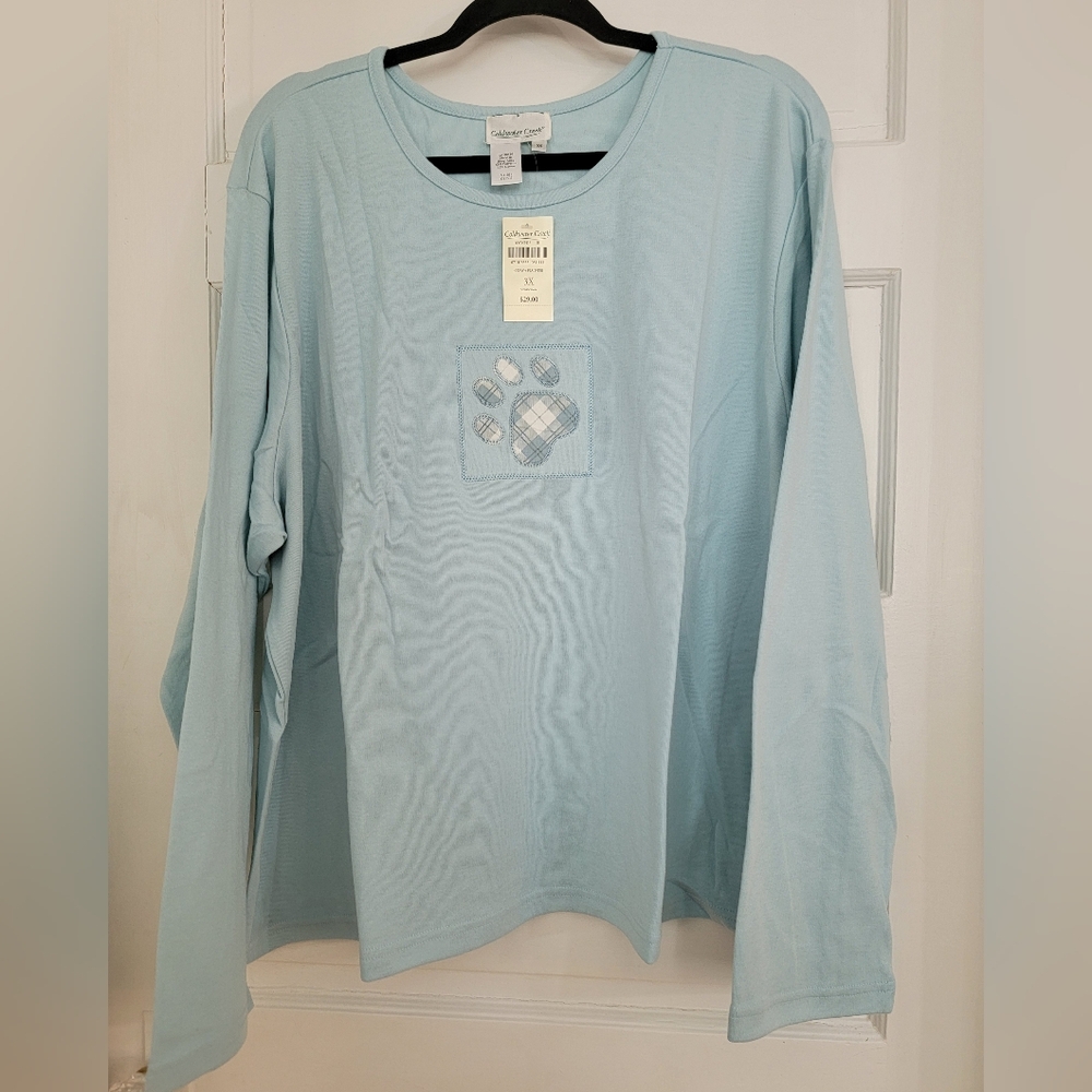 Coldwater Creek Light Blue Long Sleeve Plaid Paw Tee
